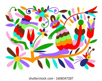 mexican tribal embroidary otomi style pattern with bird, animal and flower, vector illustration