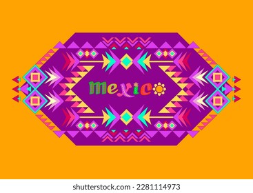 Mexican tribal ethnic ornament and decorated word Mexico isolated on orange. Modern folk Otomi pattern. Cinco de Mayo. Flat-style vector. Decorative cover template, colorful aztec geometric frame.