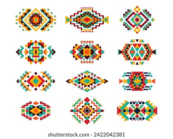 Mexican tribal folk motif patterns. Ethnic ornament vector set, feature vibrant ornamentation, bold colors, and symbolic elements that reflect the rich cultural heritage of indigenous communities