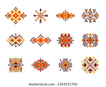 Mexican tribal motif patterns. Ethnic line ornament. Isolated vector set of traditional designs and symbols, reflecting the rich cultural heritage and indigenous artistry of Mexico. Embroidery samples