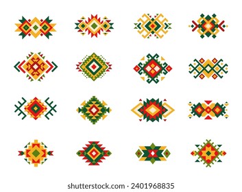 Mexican tribal motif patterns. Ethnic ornament. Aztec or Peru embroidery or print abstract ornament, Mexico ethnic decoration or Native American isolated vector geometric patterns set