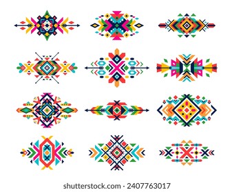 Patrones tribales mexicanos. Ornamento étnico. Ornamentos abstractos nativos americanos, trajes geométricos de la tribu azteca aislados del triángulo vectorial o decoración gráfica tradicional del bordado de México