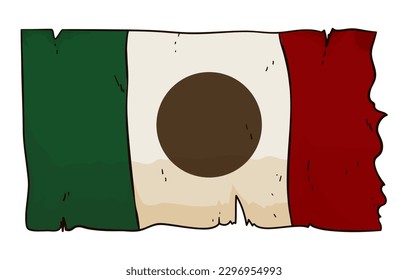 Mexican tricolor flag with aged effect and torn edge in cartoon style.