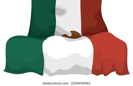 Mexican tricolor flag hanging from the top in cartoon style and white background.