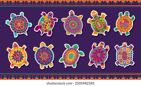 Mexican turtle stickers. Vector set of bright Mayan and Aztec tortoise animal totems with ethnic ornamental patterns. Cartoon reptile patches in funny alebrije style, turtles with Mexico folk motifs