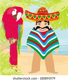 Mexican typical man and colorful parrot