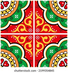 Baldosas de talavera únicas mexicanas vectores sin fisuras con mmo floral y geométrico en rojo, verde y amarillo

Fondo de decoración tradicional perfecto para papel pintado, tejidos o tejidos, 