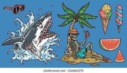 Mexican vacation set colorful vintage element horror resort with skeleton on beach sea shark and cold desserts vector illustration