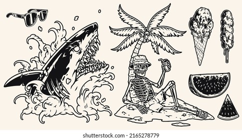 Mexican vacation set monochrome sketch vintage skeleton on sea beach under palm tree with ice cream and shark vector illustration
