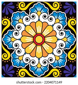 Talavera de cerámica vectorial mexicana única y sin soldadura de azulejos - perfecto para impresión textil o de tela, recuerdo. Diseño tradicional mexicano de baldosas repetitivas con flores y remolinos en azul marino 