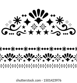 Mexican vector design elements, traditional folk art patterns from Mexico, monochrome greeting card on wedding party invitation ornaments. Floral repetitive oranements - fiesta invitation 