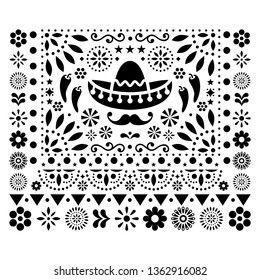 Mexican vector floral design with sombrero, chili peppers and flowers, happy ornament - greeting card on invitation pattern in black and white.   
Folk art, retro ornament form Mexico, vibrant 