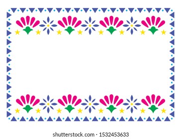 Mexican vector frame design with flowers perfect for greeting card or wedding, birthday party invitation. Decorative frame background, Mexican themed party invitation, floral vibrant designs