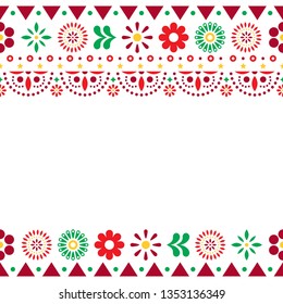 Mexican vector greeting card on invitaitons wtih flowers and abstract shapes on white. Folk art repetitive decoration, floral retro design form Mexico in red, orange and green on white 
