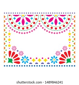 Mexican vector greeting card on wedding party invitation, happy vector pattern with geometric shapes and flowers, colorful design inspired by folk art from Mexico. Floral oranement - fiesta invitation