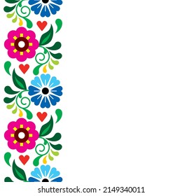 Mexican vector greeting card or wedding invitation  with floral seamless pattern - long vertical decoration. Retro ornament with flowers, leaves and swirls inspired by traditional embroidery crafts