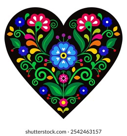 Diseño de corazón de Vector mexicano con flores - estilo de arte popular perfecto para la tarjeta de felicitación del día de San Valentín o invitación de boda. No generado por IA