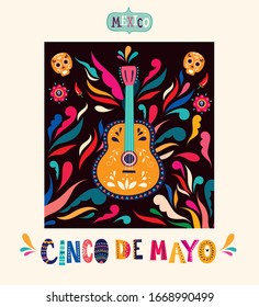 Mexican vector illustration with guitar, skull, leaves and decorative elements.