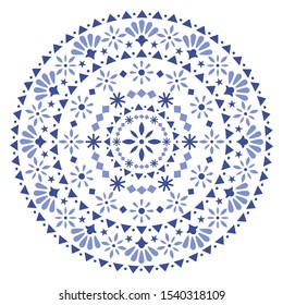 Mexican vector mandala design, folk art bohemian pattern with flowers and abstract shapes inspired by folk art from Mexico. Retro mandala decoration, Mexican floral round ornament in navy blue 