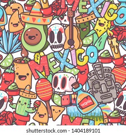 Mexican vector seamless pattern with cartoon doodle elements. Background for wallpaper, wrapping, packing and backdrop.