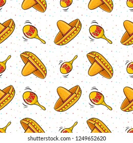 Mexican Vector seamless pattern with maracas, sombreros and abstract dot elements. Good for gift cards, invitation, textile, wrapping paper design.