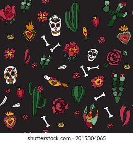 Mexican vector seamless pattern. Skull, flower, birds, bones and cacti - traditional Mexican symbols on a black background. Mexican seamless pattern for creating textiles, decor and more 