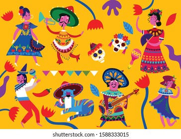 Mexican  vector set of mexican characters in flat hand drawn style. Characters for celebration, national patterns,fiesta and decoration.