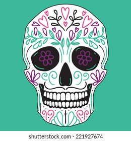 Mexican vector simple white sugar skull with floral decoration on turquoise background