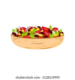 Mexican vegetable salad. Vegetables on a plate. Proper nutrition. Color vector drawing in a flat style. White background.