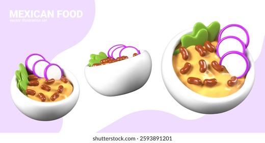 Mexican vegetable soup with beans, radish, greens. Useful hot dish. Set of vector 3D templates