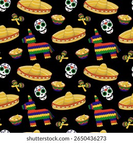Vetor desenhado à mão vibe mexicano padrão sem emenda com objetos tradicionais