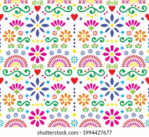 Mexican vibrant folk art seamless vector textile or fabric print pattern, colorful design with flowers wallpaper inspired by traditional designs from Mexico.  
Happy flowers and abstract shapes orname