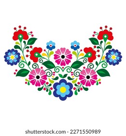 Mexican vibrant folk art style vector pattern with flowers, half wreath shaped floral design inspired by traditional embroidery from Mexico. Decorative ornament with vibrant flowers, leaves and swirls svg