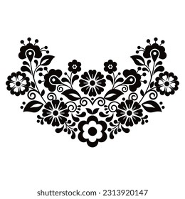 Mexican vibrant folk art style vector pattern with flowers, half wreath shaped floral design inspired by traditional embroidery from Mexico in black and white. Decorative ornament with monochrome  svg