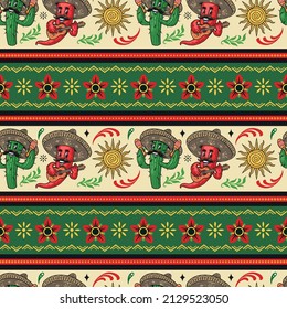 Mexican vintage borders set with cartoon cactus with mustache shaking maracas, chili pepper in sombrero playing guitar, floral ornamental design, vector illustration