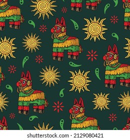 Mexican vintage seamless pattern with pinata toy with bridle, sun, small ornaments on dark background, vector illustration