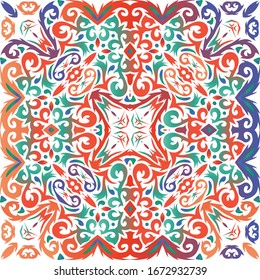 Mexican vintage talavera tiles. Bathroom design. Vector seamless pattern illustration. Red antique background for pillows, print, wallpaper, web backdrop, towels, surface texture.