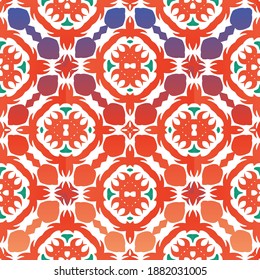 Mexican vintage talavera tiles. Bathroom design. Vector seamless pattern concept. Red antique background for pillows, print, wallpaper, web backdrop, towels, surface texture.