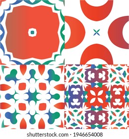 Mexican vintage talavera tiles. Bathroom design. Collection of vector seamless patterns. Red antique backgrounds for pillows, print, wallpaper, web backdrop, towels, surface texture.