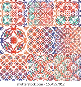 Mexican vintage talavera tiles. Collection of vector seamless patterns. Hand drawn design. Red antique backgrounds for pillows, print, wallpaper, web backdrop, towels, surface texture.
