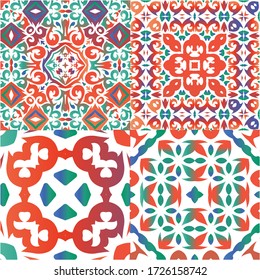 Mexican vintage talavera tiles. Collection of vector seamless patterns. Colored design. Red antique backgrounds for pillows, print, wallpaper, web backdrop, towels, surface texture.