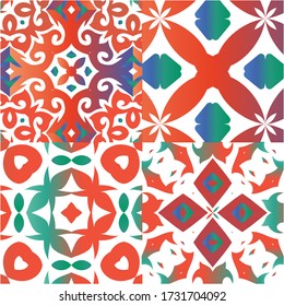 Mexican vintage talavera tiles. Collection of vector seamless patterns. Colored design. Red antique backgrounds for pillows, print, wallpaper, web backdrop, towels, surface texture.
