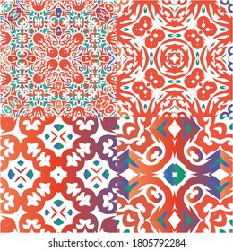 Mexican vintage talavera tiles. Collection of vector seamless patterns. Kitchen design. Red antique backgrounds for pillows, print, wallpaper, web backdrop, towels, surface texture.