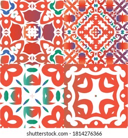 Mexican vintage talavera tiles. Collection of vector seamless patterns. Stylish design. Red antique backgrounds for pillows, print, wallpaper, web backdrop, towels, surface texture.