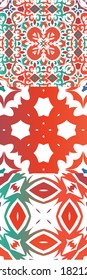 Mexican vintage talavera tiles. Collection of vector seamless patterns. Graphic design. Red antique backgrounds for pillows, print, wallpaper, web backdrop, towels, surface texture.