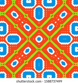 Mexican vintage talavera tiles. Colored design. Vector seamless pattern trellis. Red antique background for pillows, print, wallpaper, web backdrop, towels, surface texture.