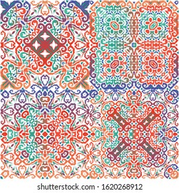 Mexican vintage talavera tiles. Colored design. Set of vector seamless patterns. Red antique backgrounds for pillows, print, wallpaper, web backdrop, towels, surface texture.