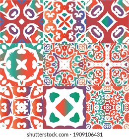 Mexican vintage talavera tiles. Colored design. Kit of vector seamless patterns. Red antique backgrounds for pillows, print, wallpaper, web backdrop, towels, surface texture.