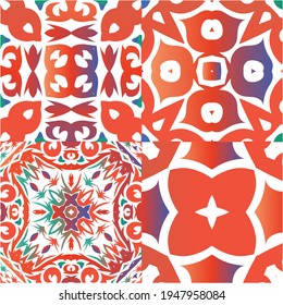 Mexican vintage talavera tiles. Colored design. Kit of vector seamless patterns. Red antique backgrounds for pillows, print, wallpaper, web backdrop, towels, surface texture.