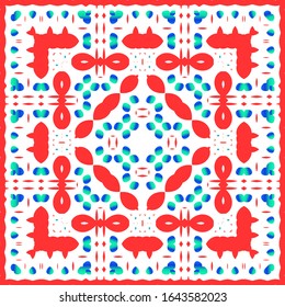 Mexican vintage talavera tiles. Creative design. Vector seamless pattern collage. Red antique background for pillows, print, wallpaper, web backdrop, towels, surface texture.